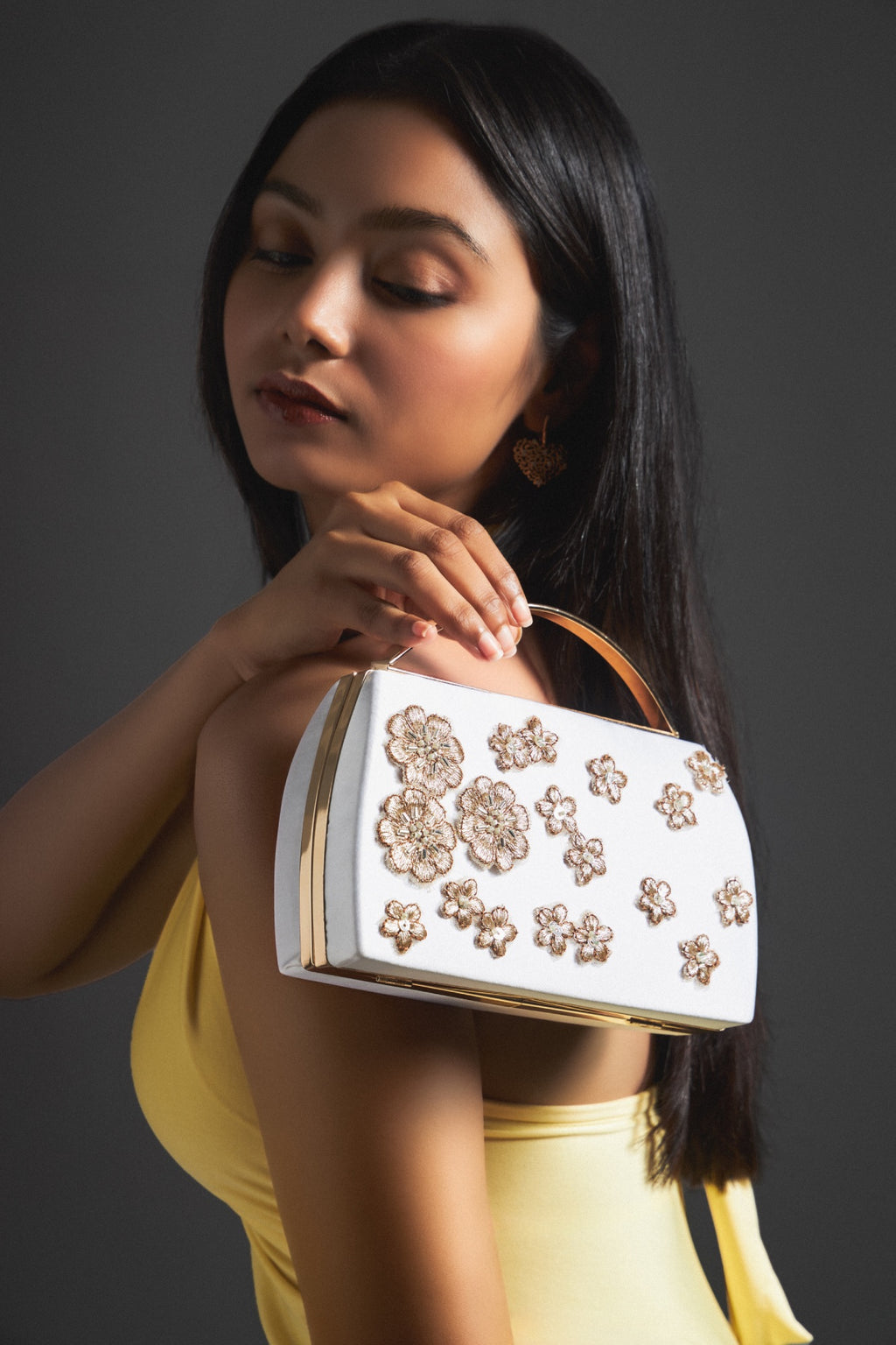 Winter Fleur - White Floral Box Clutch