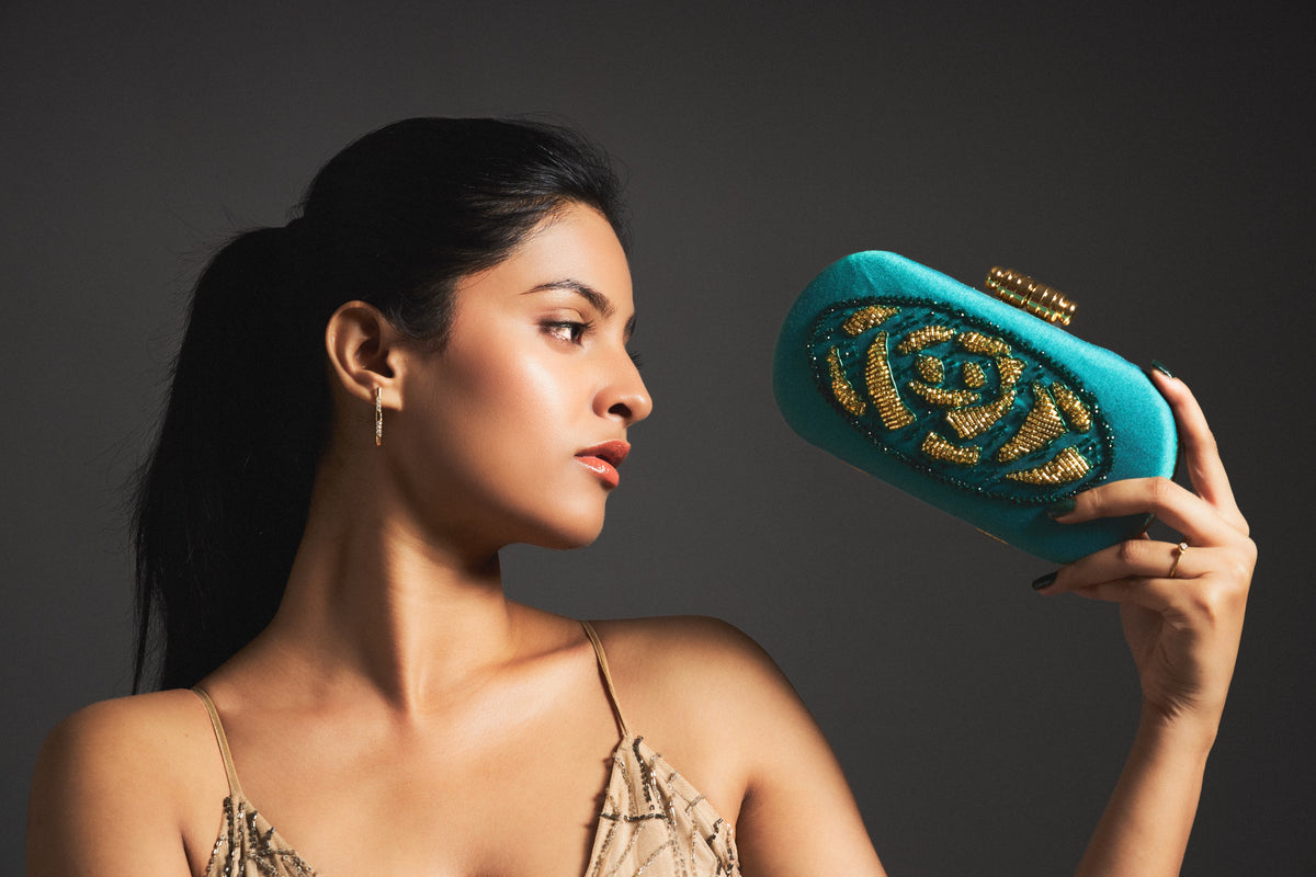 Emerald Grace-Green Embroidered Box Clutch