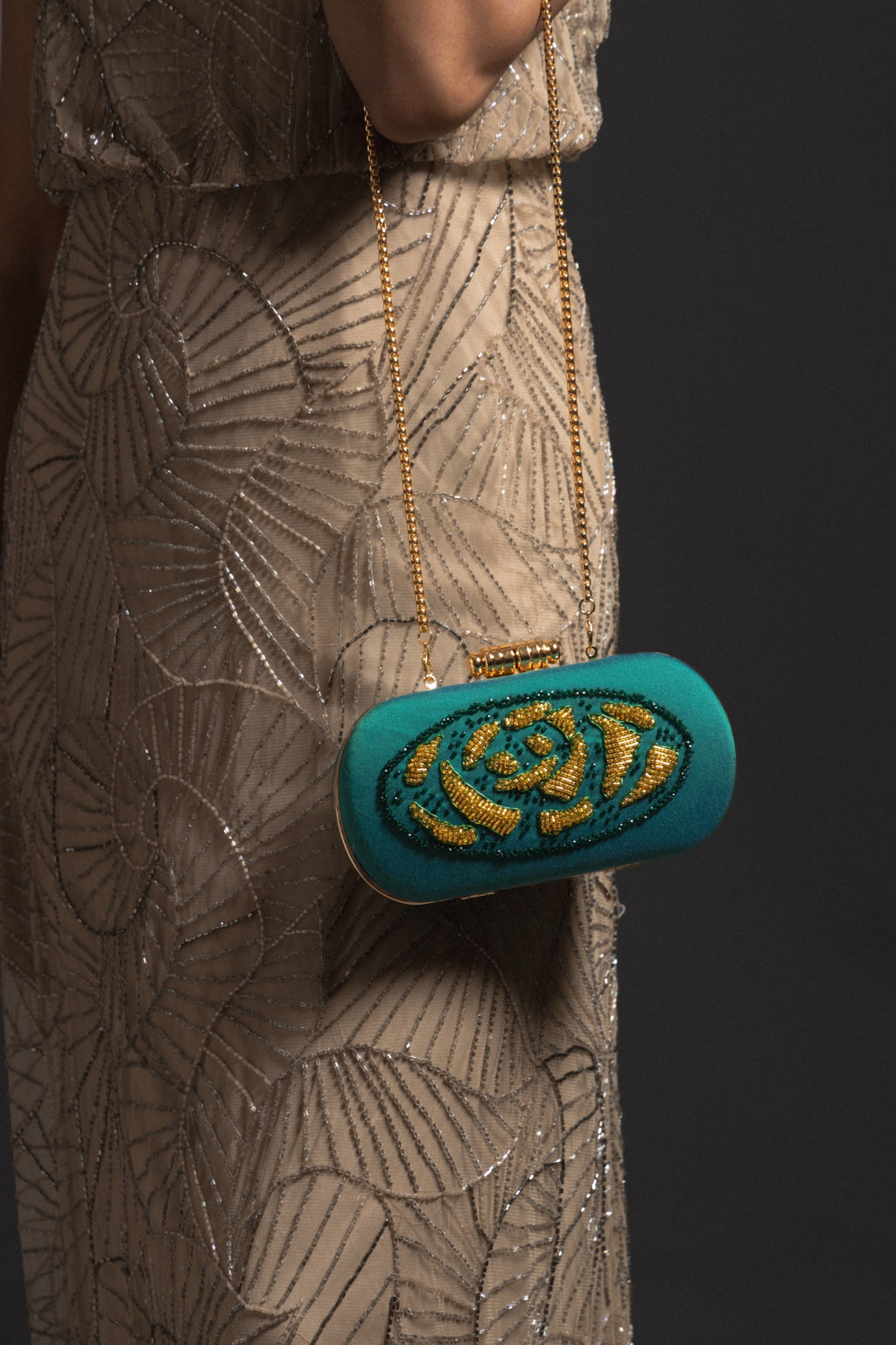 Emerald Grace-Green Embroidered Box Clutch