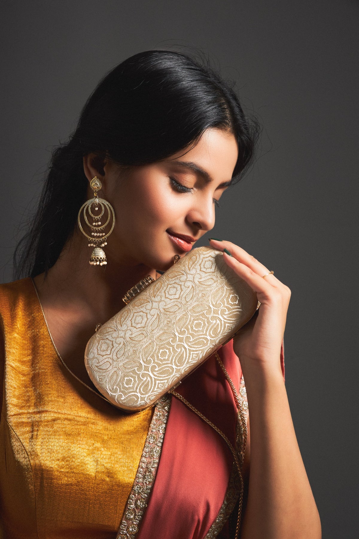 Golden Trellis- Silk Patterned Box Clutch